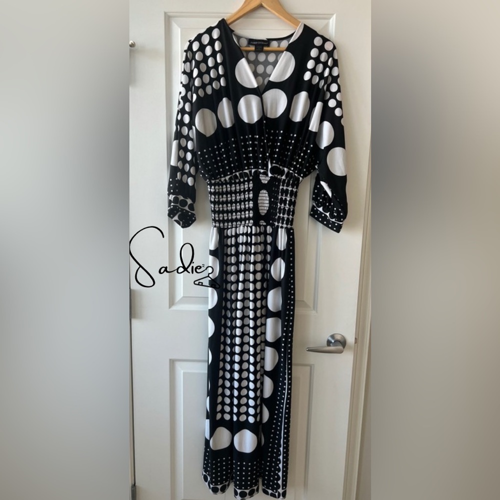 Ashley Stewart Black and White Long Sleeve Tie Front Sundress